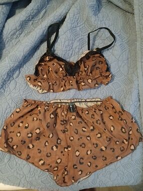 Mentionables Leopard Print Satin Bralette & Short Set - Brown